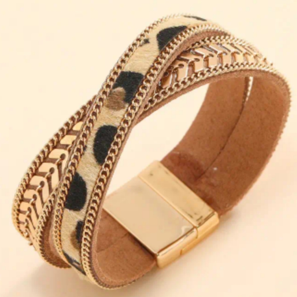 NEW Animal Print Leopard Cheetah‎ Print Gold-Tone Magnetic Bracelet-(#0261)